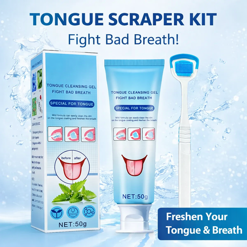 Tongue scraper kit with packaging and cleaning gel on a blue water droplet background